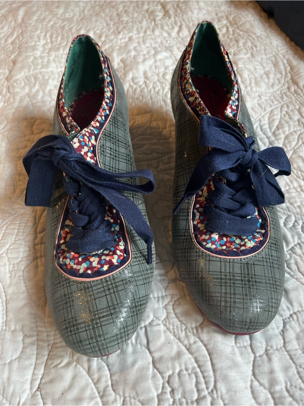 Poetic License Women’s Grey Plaid Backlash Oxford Shoes with Navy Accents